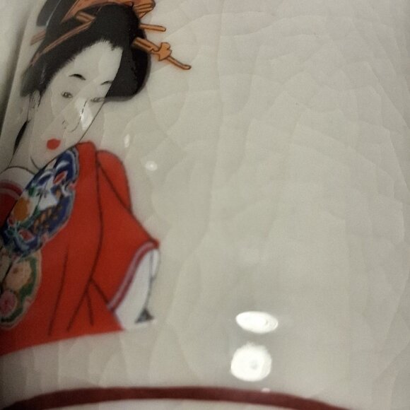 Fuji Sake Tea Set Geisha Girls Japan Pitcher Cups 3 piece Ceramic Crazing - Picture 10 of 10